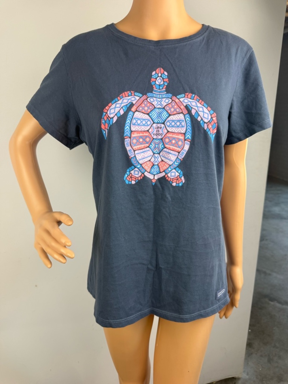 Life is Good Womens Large Crusher Sea Turtle Graphic Short Sleeve T Shirt Blue